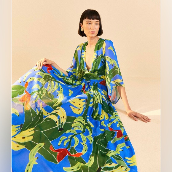 NWT FARM Rio Blue Banana Leaves Maxi Dress - Picture 2 of 9